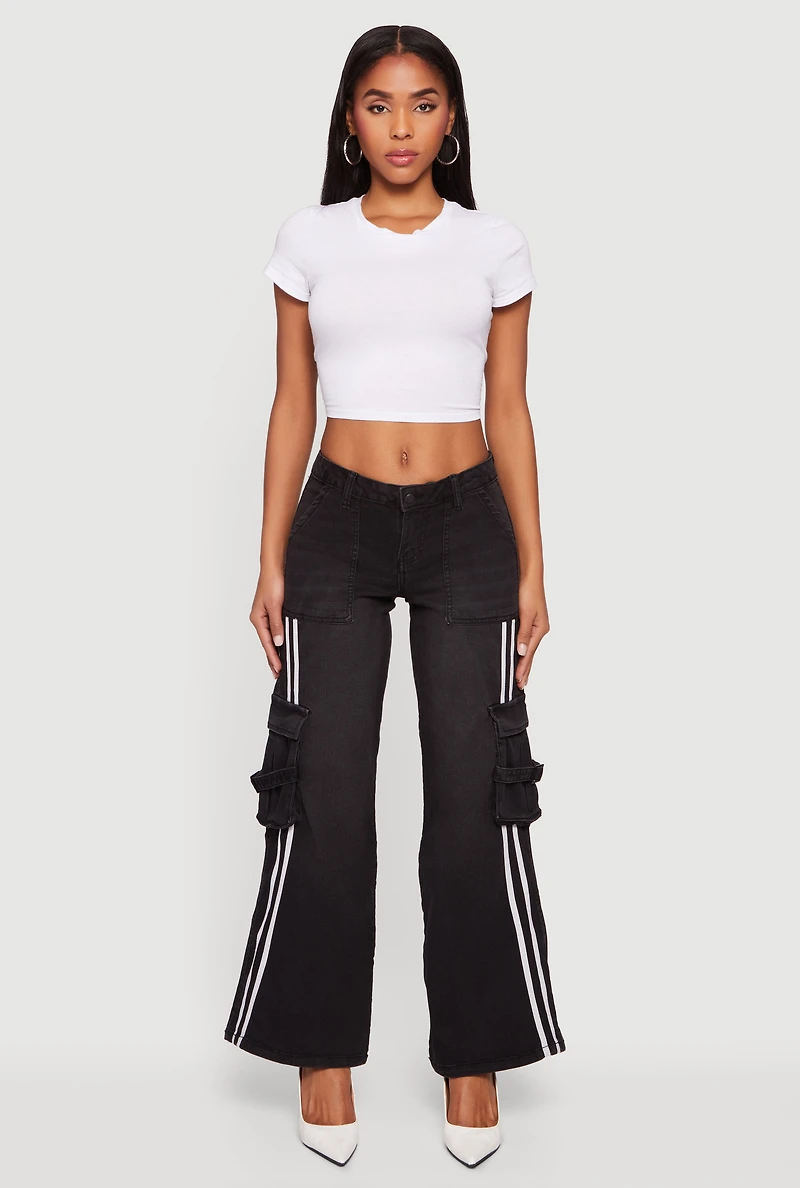 Varsity Stripe Cargo Pocket Flare Leg Jeans