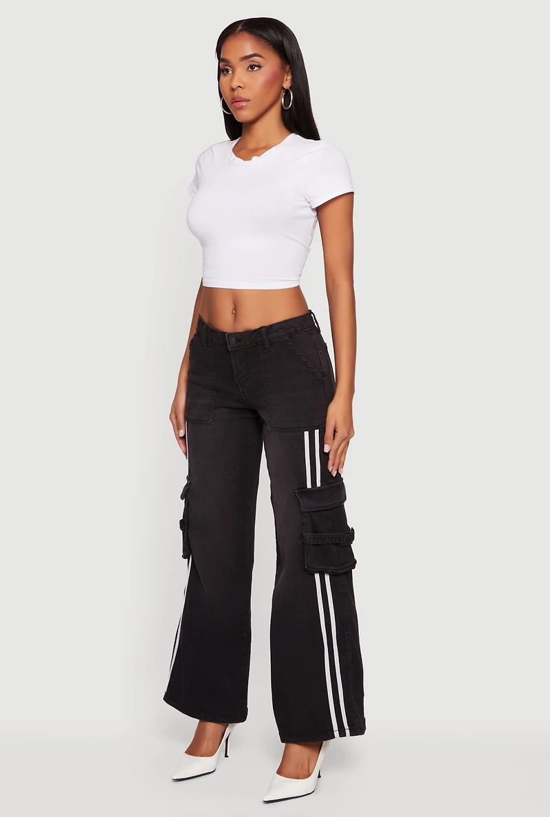 Varsity Stripe Cargo Pocket Flare Leg Jeans