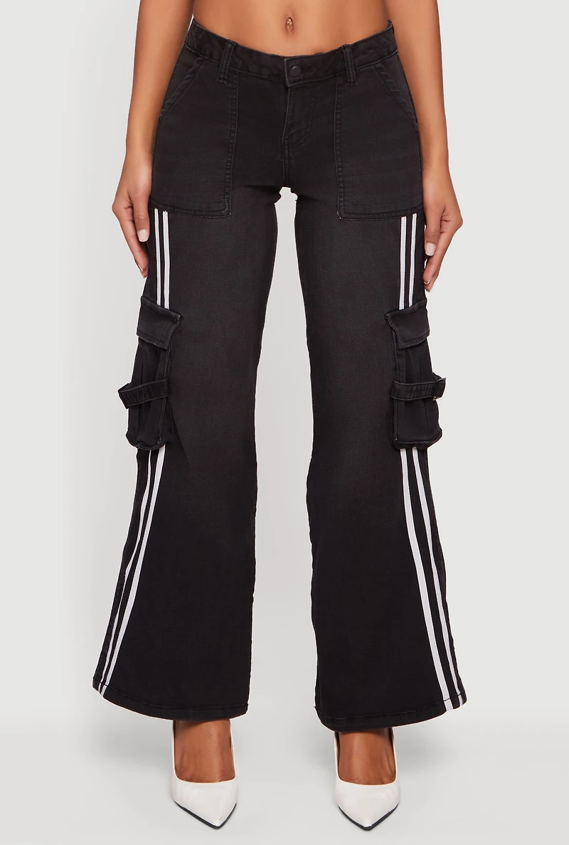 Womens Varsity Stripe Cargo Pocket Flare Leg Jeans, Black,
