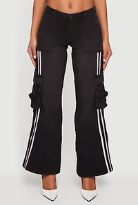 Womens Varsity Stripe Cargo Pocket Flare Leg Jeans, Black,