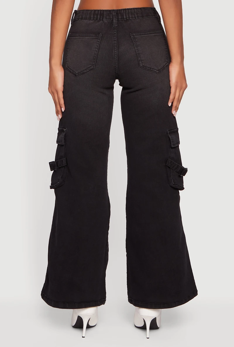 Womens Varsity Stripe Cargo Pocket Flare Leg Jeans, Black,