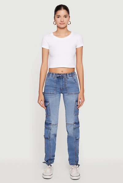 Drawstring Waist Mid Rise Cargo Pocket Denim Joggers