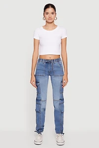 Drawstring Waist Mid Rise Cargo Pocket Denim Joggers