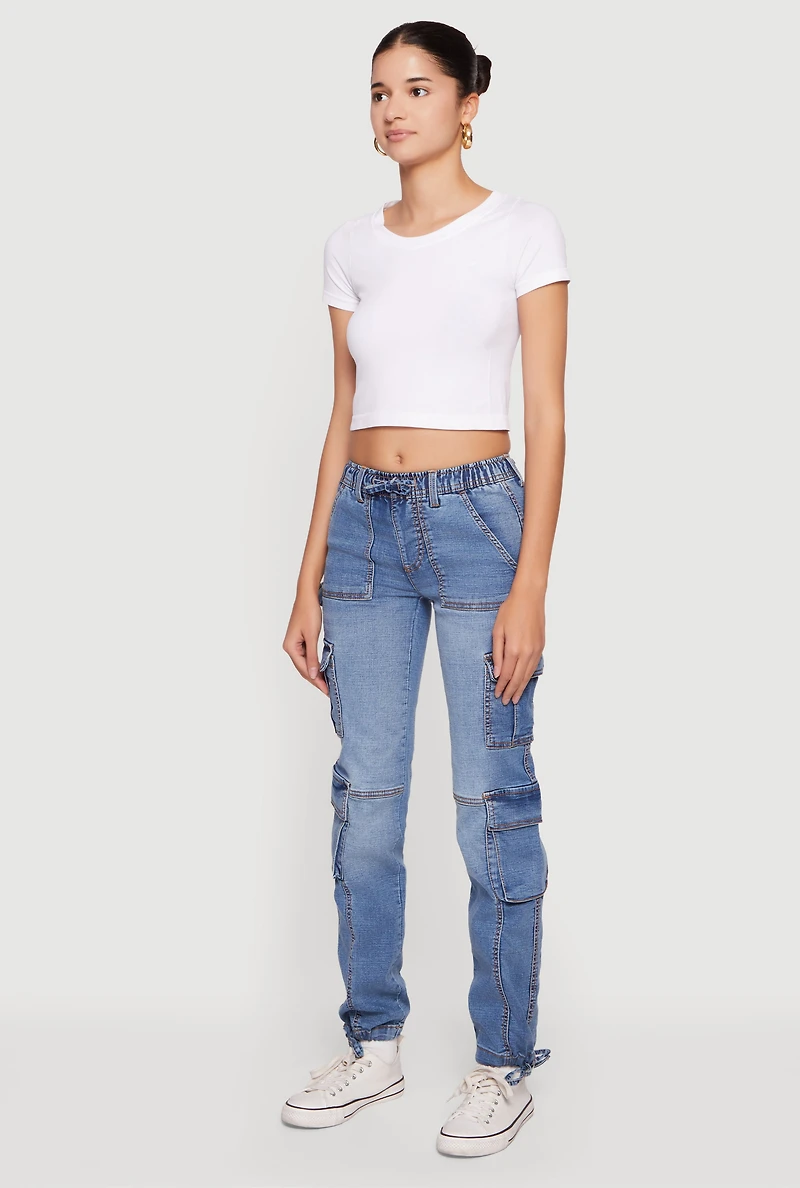 Drawstring Waist Mid Rise Cargo Pocket Denim Joggers