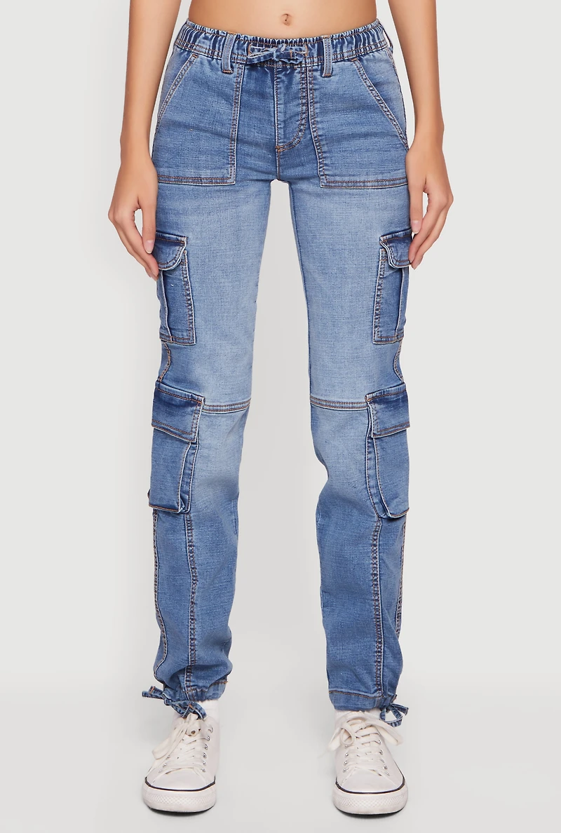 Drawstring Waist Mid Rise Cargo Pocket Denim Joggers