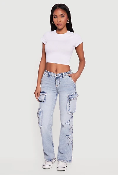 Star Applique Acid Wash Straight Leg Cargo Jeans