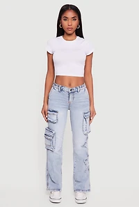 Womens Star Applique Acid Wash Straight Leg Cargo Jeans, Blue, Size 1