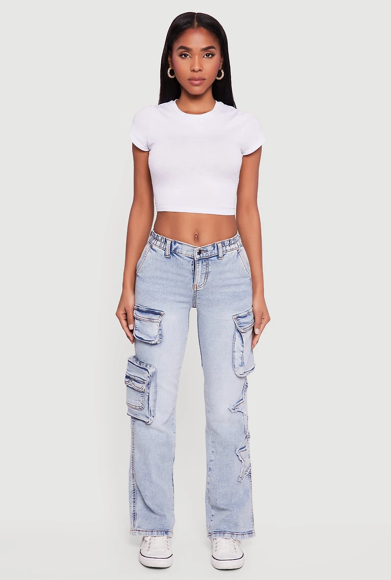 Star Applique Acid Wash Straight Leg Cargo Jeans