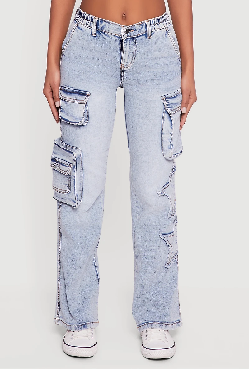 Star Applique Acid Wash Straight Leg Cargo Jeans
