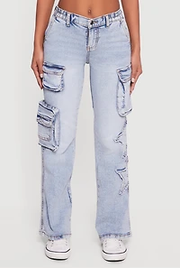 Star Applique Acid Wash Straight Leg Cargo Jeans