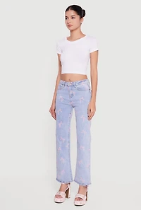 Mid Rise Straight Leg Bow Print Jeans