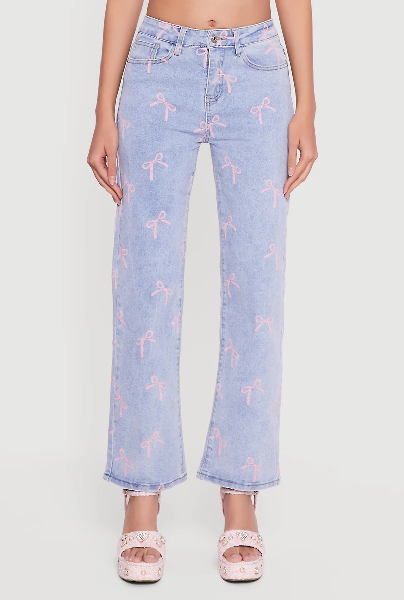 Mid Rise Straight Leg Bow Print Jeans