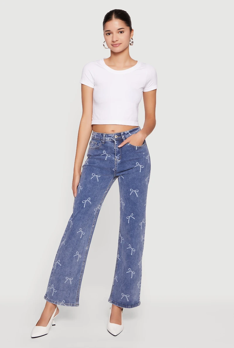 Womens Mid Rise Straight Leg Bow Print Jeans, Blue,