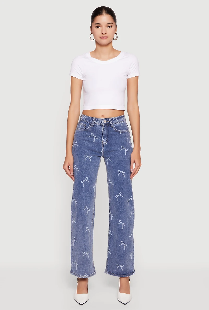 Womens Mid Rise Straight Leg Bow Print Jeans, Blue,