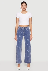 Womens Mid Rise Straight Leg Bow Print Jeans, Blue,
