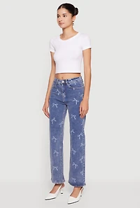 Womens Mid Rise Straight Leg Bow Print Jeans, Blue,