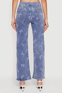 Womens Mid Rise Straight Leg Bow Print Jeans, Blue,
