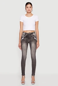 Whiskered Skull Pocket Design Skinny Jeans