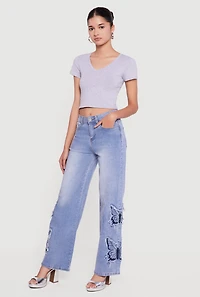 Embroidered Butterfly Graphic Frayed Wide Leg Jeans