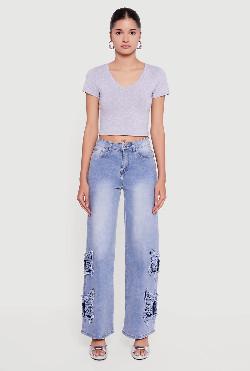 Embroidered Butterfly Graphic Frayed Wide Leg Jeans