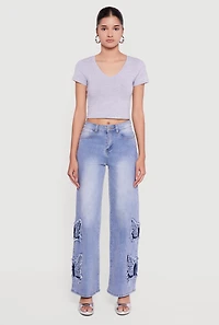 Embroidered Butterfly Graphic Frayed Wide Leg Jeans