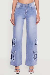 Embroidered Butterfly Graphic Frayed Wide Leg Jeans