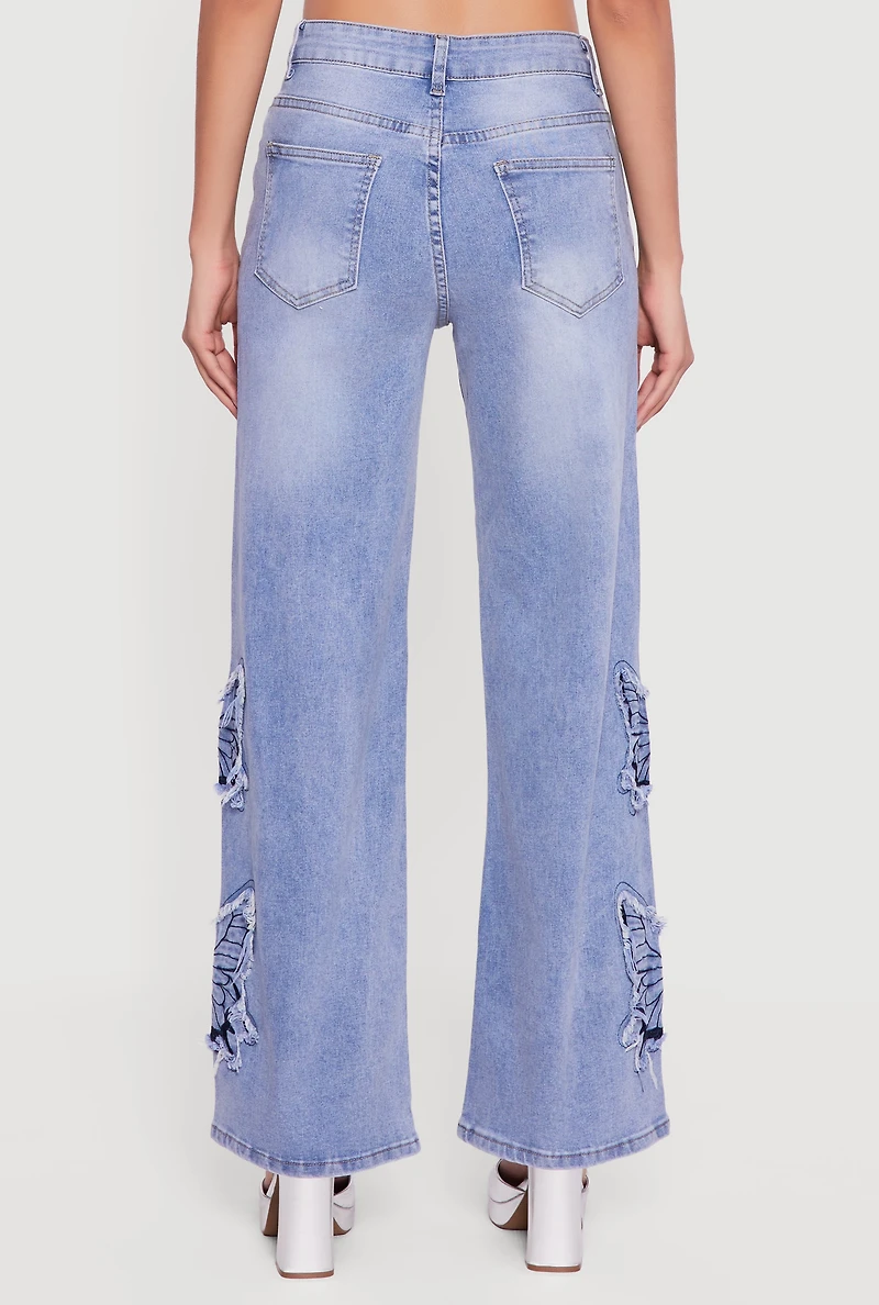 Embroidered Butterfly Graphic Frayed Wide Leg Jeans
