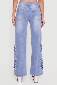 Embroidered Butterfly Graphic Frayed Wide Leg Jeans