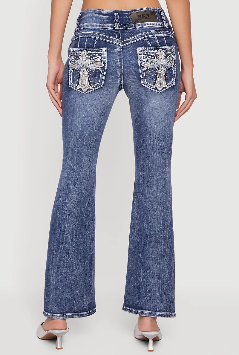 Rhinestone Cross Embroidered Flare Leg Jeans