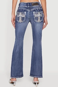 Rhinestone Cross Embroidered Flare Leg Jeans