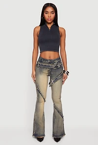Trendy Buckle Details Frayed Flare Leg Jeans