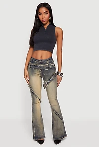 Trendy Buckle Details Frayed Flare Leg Jeans