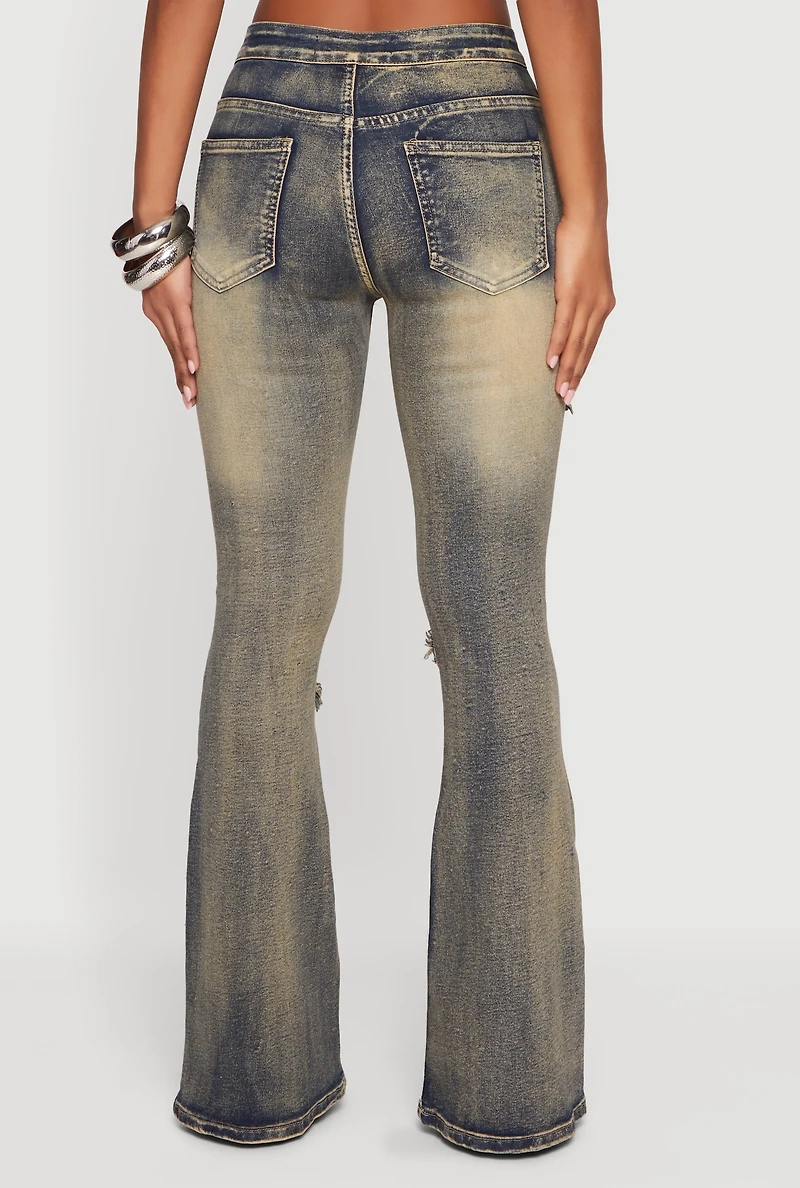 Trendy Buckle Details Frayed Flare Leg Jeans