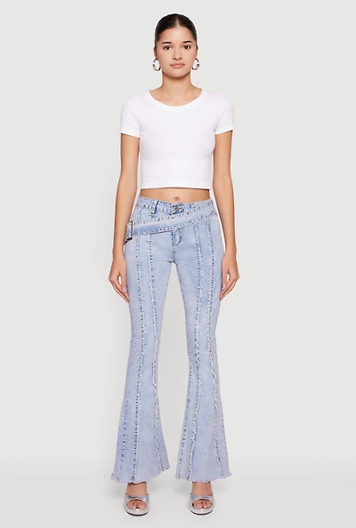 Acid Wash Belted Front Frayed Flare Jeans