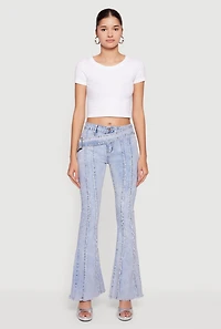 Acid Wash Belted Front Frayed Flare Jeans