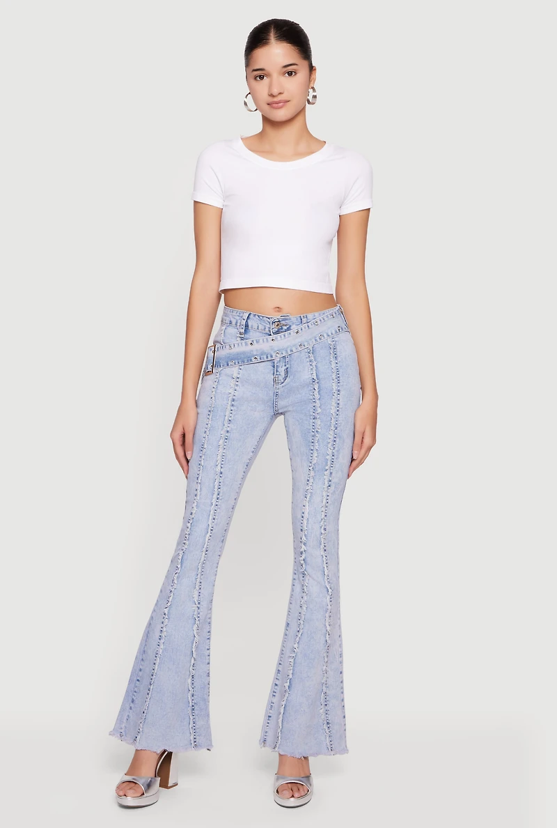 Womens Acid Wash Belted Front Frayed Flare Jeans, Blue, Size 3