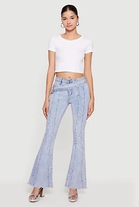 Womens Acid Wash Belted Front Frayed Flare Jeans, Blue, Size 3