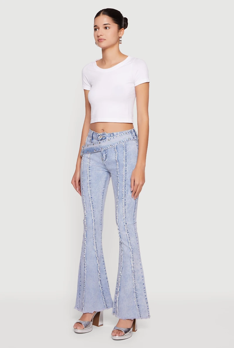 Acid Wash Belted Front Frayed Flare Jeans