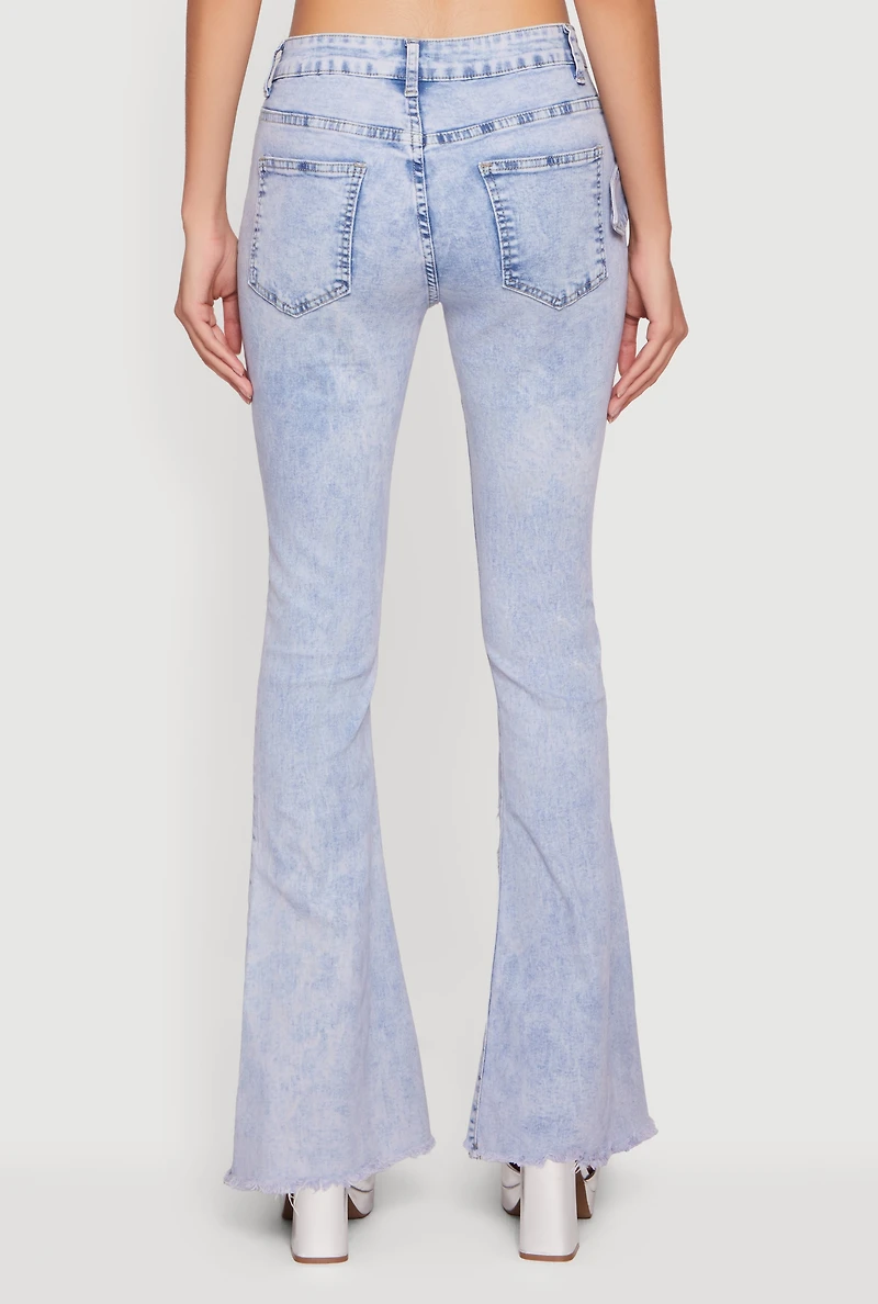 Womens Acid Wash Belted Front Frayed Flare Jeans, Blue, Size 3