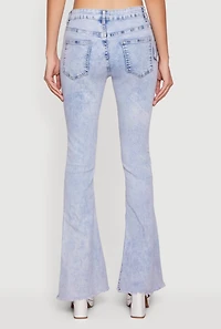 Womens Acid Wash Belted Front Frayed Flare Jeans, Blue, Size 3