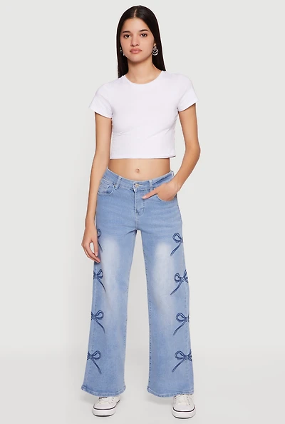 Mid Rise Bow Print Wide Leg Jeans