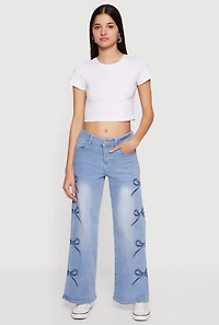 Mid Rise Bow Print Wide Leg Jeans