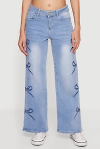 Mid Rise Bow Print Wide Leg Jeans