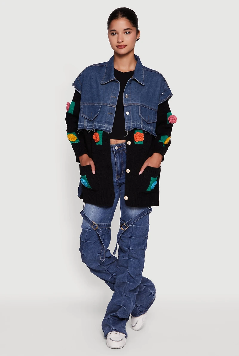 Womens Flower Detail Layered Sweater Denim Jacket, Multi,