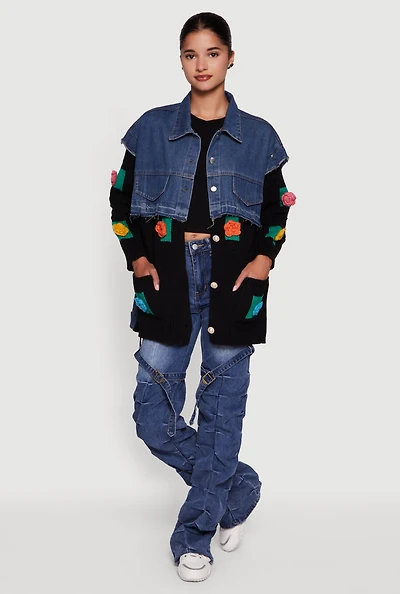 Womens Flower Detail Layered Sweater Denim Jacket, Multi,