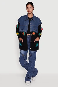 Womens Flower Detail Layered Sweater Denim Jacket, Multi,