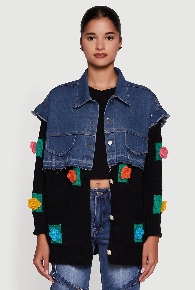 Womens Flower Detail Layered Sweater Denim Jacket, Multi,
