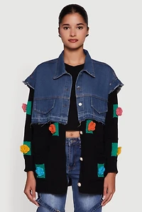 Womens Flower Detail Layered Sweater Denim Jacket, Multi,