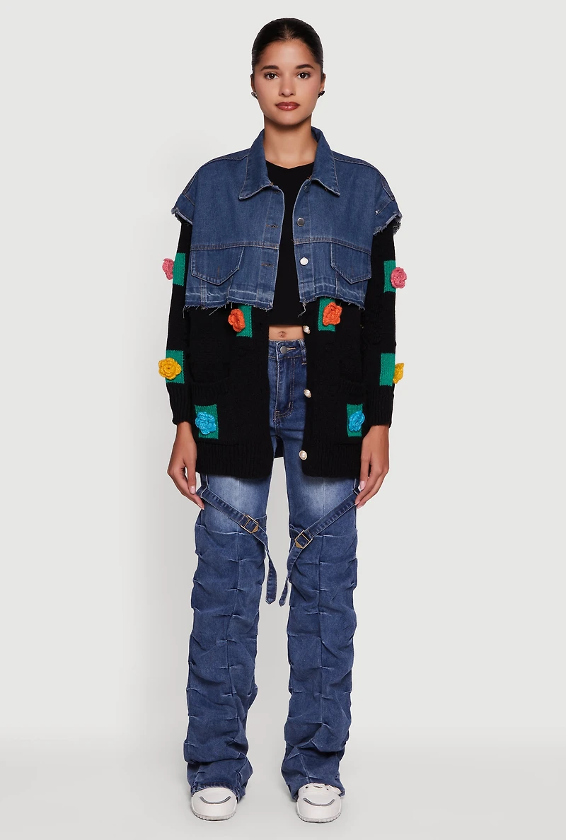 Womens Flower Detail Layered Sweater Denim Jacket, Multi,