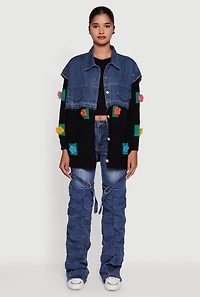 Womens Flower Detail Layered Sweater Denim Jacket, Multi,